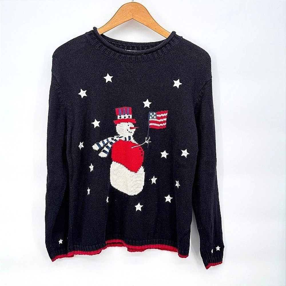 Christopher & Banks Sweater Snowman Patriotic Stars Winter Americana Small